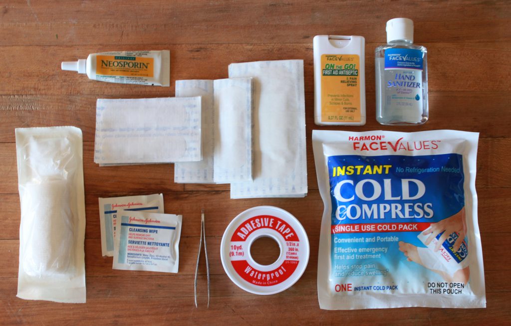 first-aid materials spread on the floor 