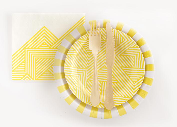 paper plate, cutlery and napkin